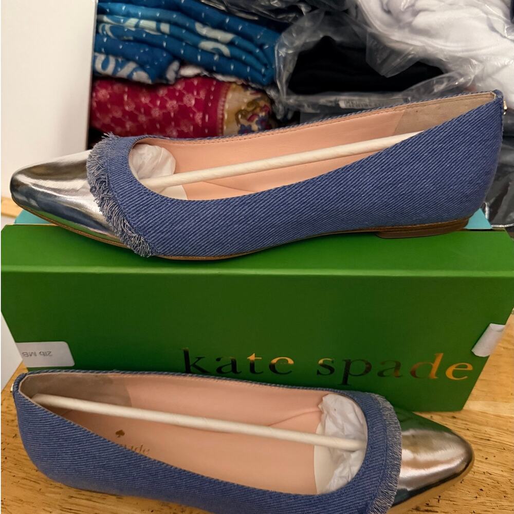 Kate Spade "Nelly" Washed Denim/Silver Specchio Flats New in Box US10